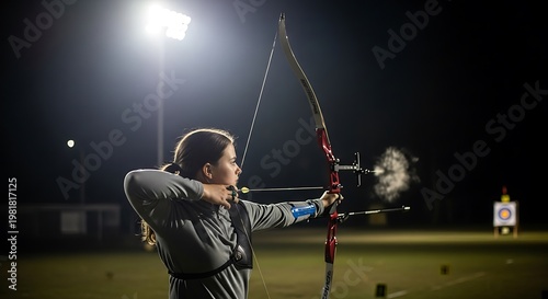 Fototapeta kuchenna Woman practicing archery at nighttime field.