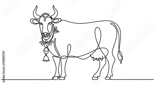 Elegant single line drawing of a decorated cow wearing a bell necklace symbolizing prosperity and tradition