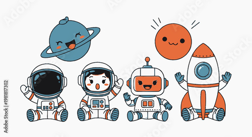 Adorable Cartoon Astronauts, Rocket, Planet, and Sun in Space.