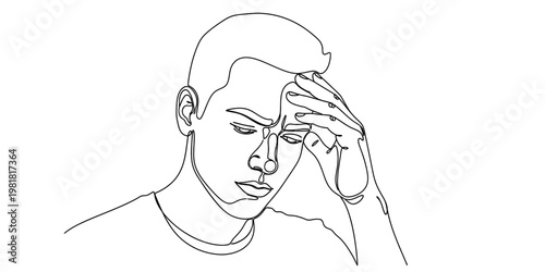 A black and white line art illustration of a young man appearing stressed or deeply concerned.