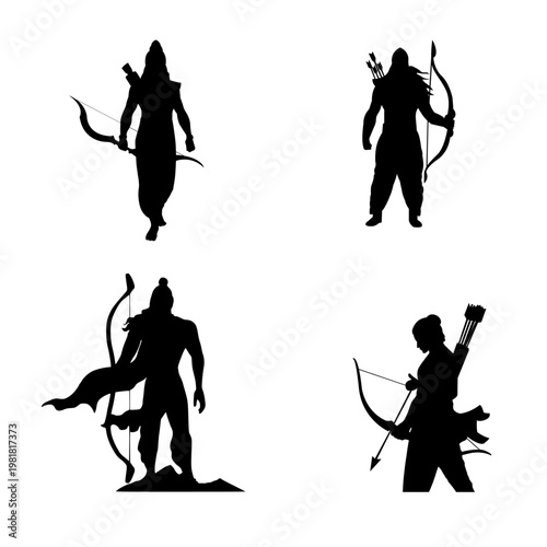 A professional collection of four unique Lord Rama silhouettes in various archery poses.