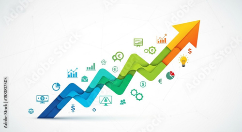 A colorful vector graphic illustrating business growth with an upward arrow and various financial icons