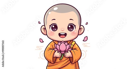 Charming and joyful baby monk illustration holding a blooming lotus flower, designed in a cute chibi style with warm colors and soft shading. Ideal for kids content, greeting cards.