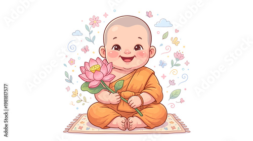 Charming and joyful baby monk illustration holding a blooming lotus flower, designed in a cute chibi style with warm colors and soft shading. Ideal for kids content, greeting cards.