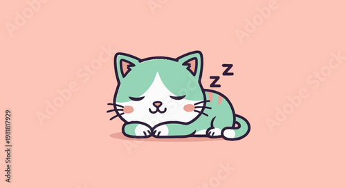 Adorable Cartoon Cat Sleeping Peacefully on a Soft Pink Background.