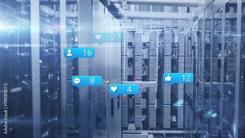 One blue bubble appearing in data center racks, spawning floating icons showing counts and load