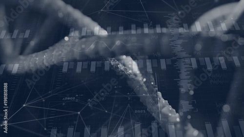 Camera panning DNA double helix rotating, revealing sliding charts and node network for genomics