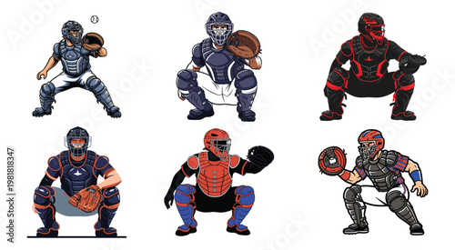 Set of six baseball catcher illustrations featuring athletes in protective gear and various crouching defensive poses