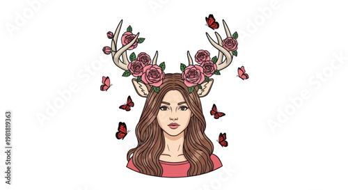 Woman Wearing Flower Antler Headpiece.