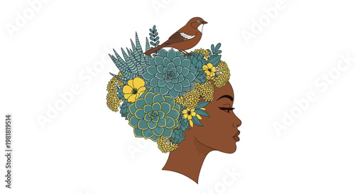 Woman with flowers in hair profile.