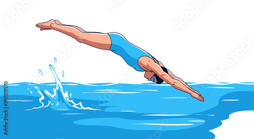 Woman in blue swimsuit diving into water.