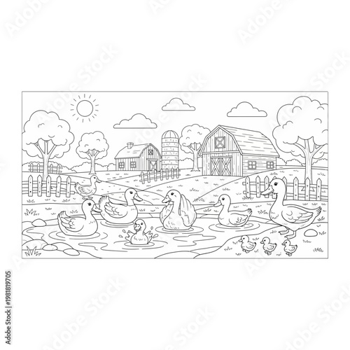 Farm scene coloring page with ducks pond and barn line art, countryside