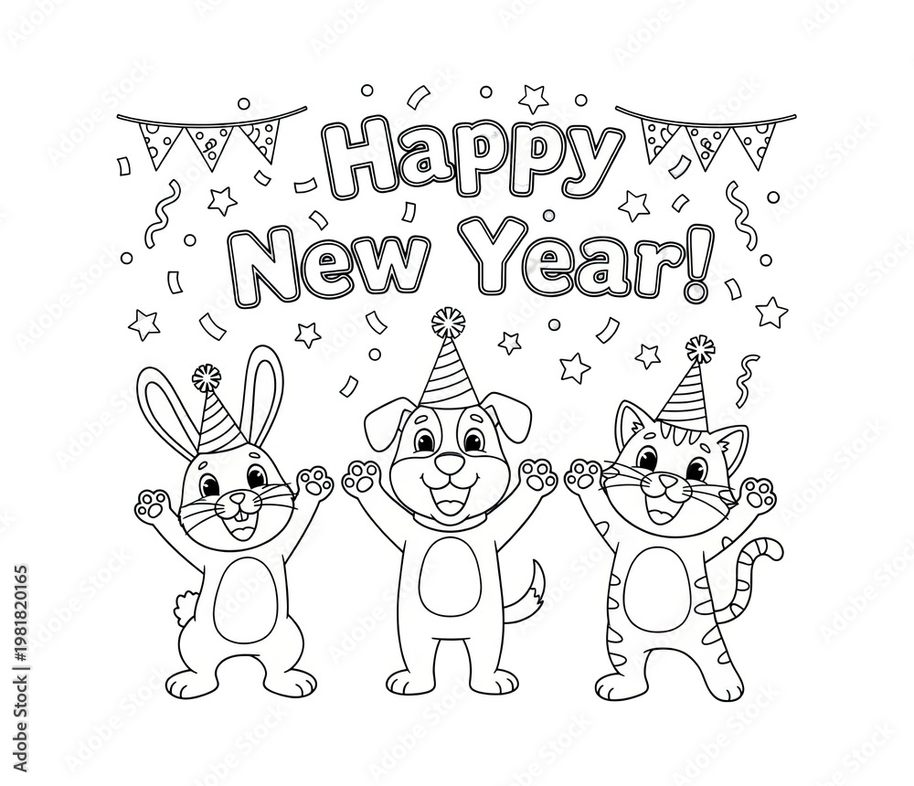Fototapeta premium Happy New Year with cute animals wearing party hats
