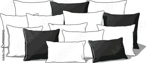 Assorted stack of modern cushions in black and white with contrasting borders. Vector