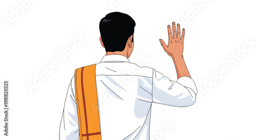 Back View of Indian Politician in White Shirt and Saffron Stole Waving Hand - Illustration