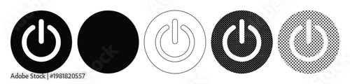 Power Button Icon Set, black and white vector graphics for UI/UX design. On/Off switch symbols, modern technology interface elements, digital controls.