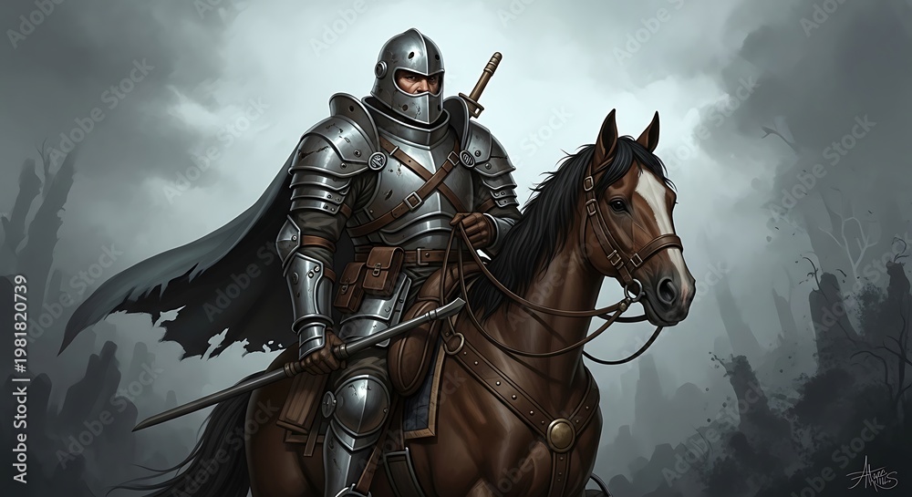 Fototapeta premium Medieval knight on horseback in armor.