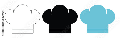 Chef hat vector icon set, professional cooking headwear symbols, restaurant uniform design elements. Culinary chef's toque, kitchen worker cap, food service apparel graphics.