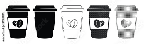 Coffee cup vector icon set, five disposable takeaway coffee cups with lids and coffee bean logos, black and white minimalist design for cafe branding and menu graphics