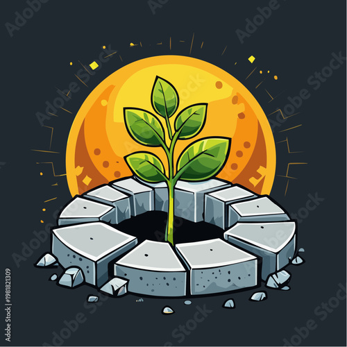Happy Sprout Breaking Through Concrete Blocks with Radiant Sun Icon