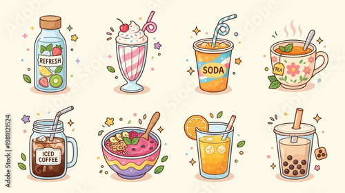 Cute cartoon illustration of various refreshing drinks and a smoothie bowl with sparkling details.