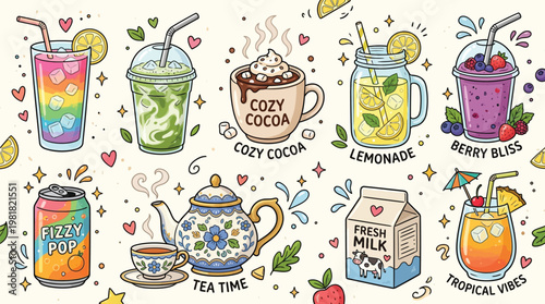 A vibrant collection of cartoon-style beverages including colorful sodas, hot cocoa, lemonade, smoothies, tea, and milk, adorned with playful hearts and stars.