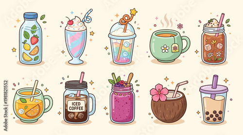 A delightful collection of cute cartoon-style beverages, featuring various refreshing drinks like fruit-infused water, boba tea, smoothies, and iced coffee in pastel colors.