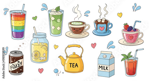 A vibrant collection of cute cartoon drinks including rainbow juice, hot chocolate, lemonade, tea, milk, and fizzy soda, with decorative hearts and splashes.