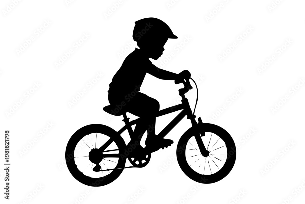Obraz premium Child Riding Bicycle Vector Silhouette Little Boy Biking with Helmet Icon