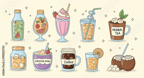 A vibrant collection of various refreshing beverages and healthy drinks in a charming cartoon illustration style.
