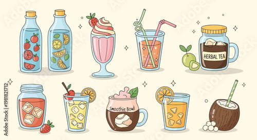 A vibrant collection of various refreshing beverages and drinks, including fruit-infused water, milkshakes, iced tea, and juices, presented in an illustrative cartoon style.