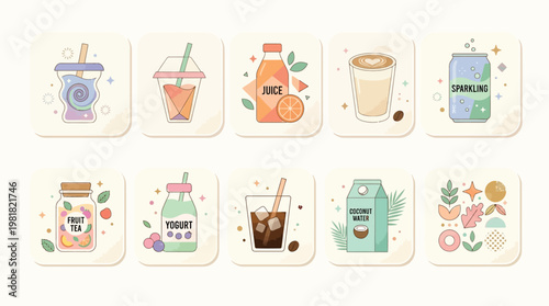 A collection of ten minimalist pastel icons depicting various refreshing beverages and drink-related items, including juices, coffee, sparkling water, smoothies, and plant-based milk.