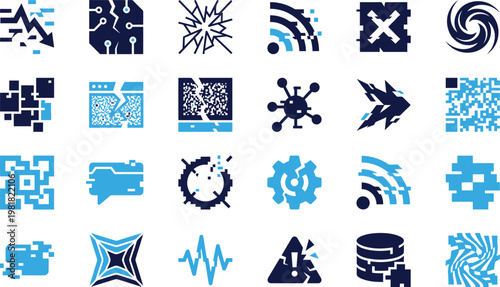 Set of abstract technology icons illustrating digital corruption and data degradation themes.