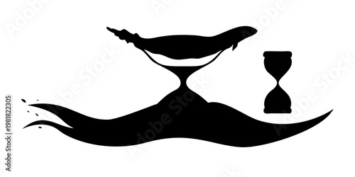 Surreal Hourglass Ocean Silhouette Vector - Whale and Sea Waves Glass Timer