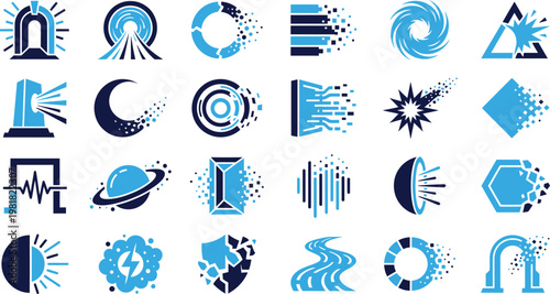 Modern set of technology and abstract science icons representing digital transformation.