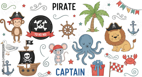 Pirate Adventure with Monkey, Lion, Octopus, Ship, Pirate Flags, Palm Tree, and Fun Nautical Elements in a Playful Vector Illustration"