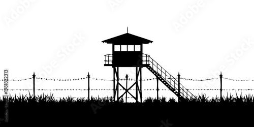 Watchtower Silhouette Vector with Barbed Wire Fence - Prison Guard Tower Icon