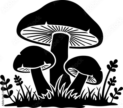 Detailed Silhouette of Wild Mushrooms in Grass Patch Metaphor for Mycology Nature Growth and Forest Foraging Vector Illustration