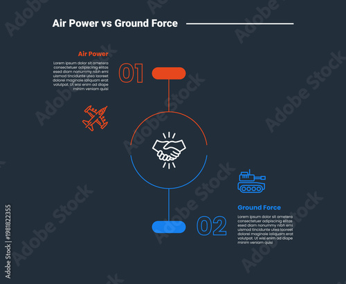 air power cs ground force military comparison infographic dark outline for slide presentation with open circle cut up and down with 2 point list