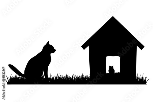 Cat and Pet House Silhouette Vector - Sitting Feline in Garden Grass Icon