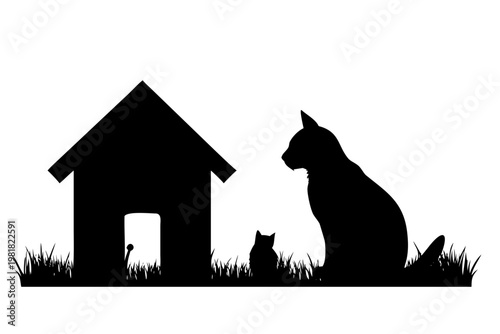 Cat and Pet House Silhouette Vector - Sitting Feline in Garden Grass Icon