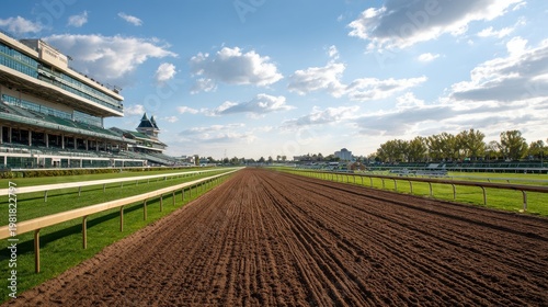 Stunning photo of horse racetrack with a well-maintained dirt track, surrounded by green grass, grandstands, and a vibrant atmosphere, capturing the excitement and tradition of.