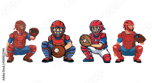Set of four professional baseball catchers in red and blue uniforms crouching in a vibrant cartoon vector style