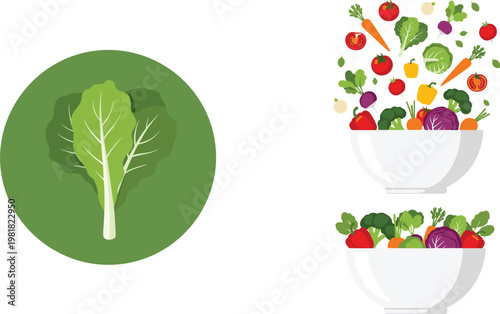 Hand-Drawn Fresh Lettuce and Colorful Vegetables in Salad Bowls in a Clean Vector Illustration
