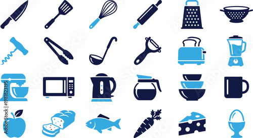 Selection of kitchen utensil and food icons in blue and dark blue for cooking and dining.