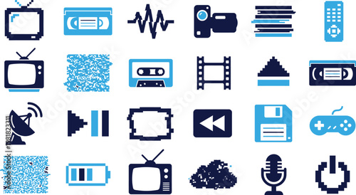 Set of retro technology and digital icons on white background with pixel art.