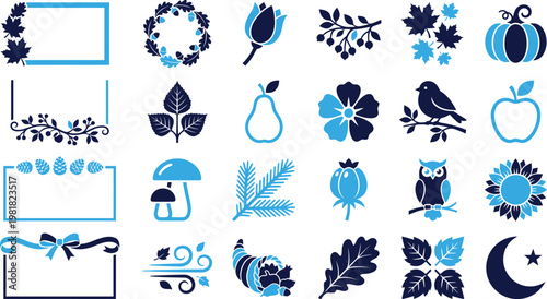 Autumnal decorative elements and seasonal motifs with oak leaves and pumpkins.