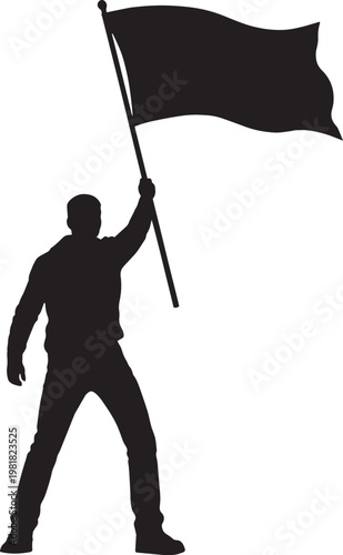 Man with flag on the peak silhouette.
