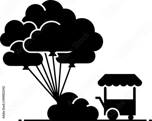 Whimsical Silhouette of Cloud Balloons Tethered Near Market Stall Metaphor for Imagination Street Vending and Creativity Vector Illustration