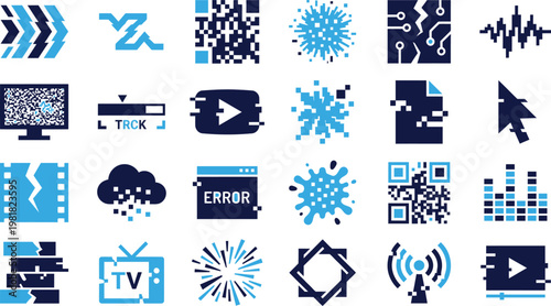 Glitch effect digital art icons in blue and dark blue on white background.
